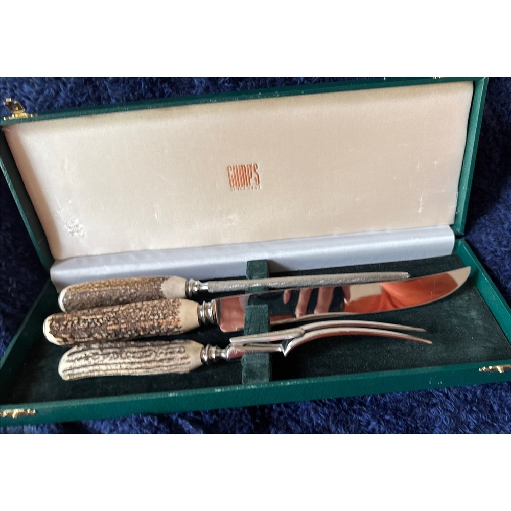 Vtg Gumps 3 Pc Stag Horn Carving Set Knife Fork Sharpener Box Sheffield England